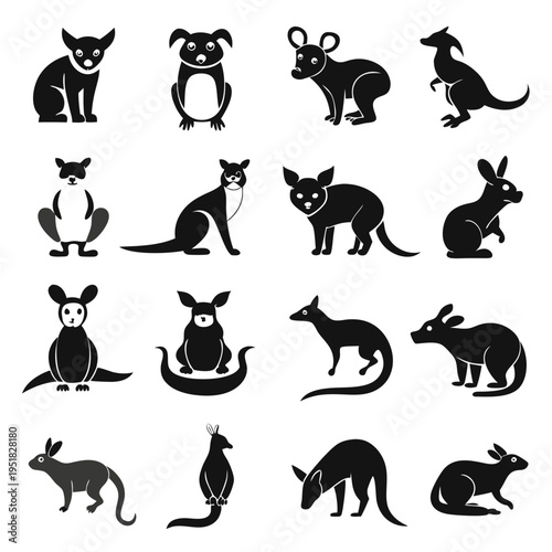 Collection of silhouette marsupial animal icons in black color