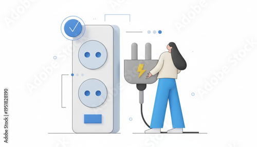 A woman plugging a giant plug into a socket,  Vector, illustration.