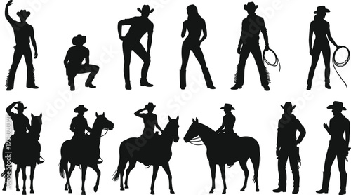 Cowboy silhouette illustration, cowgirl icons, horseback riding figures, lasso posture design, Western culture graphic, ranch lifestyle set, traditional attire silhouettes