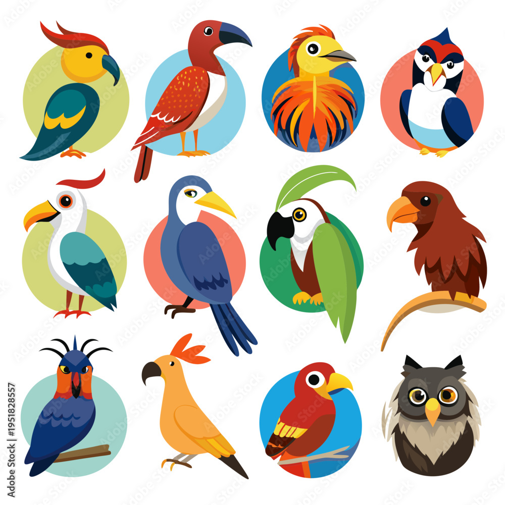 Fototapeta premium Twelve colorful and diverse bird illustrations on white backdrop