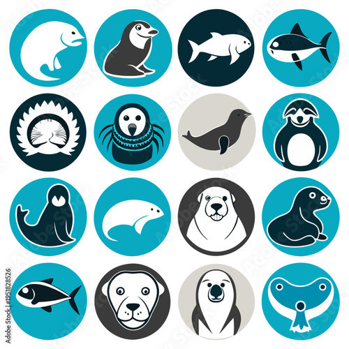 Arctic animal icon set, flat design, round blue backgrounds