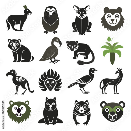 Stylized vector collection of various black and green animal species
