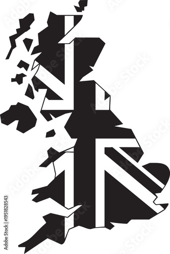 Illustration of Great Britain map silhouette overlaid with Union Jack flag graphic design