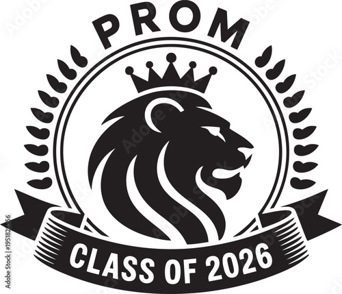 Lion emblem with crown and laurel wreath, graduation class of 2026 text, celebratory graphic de