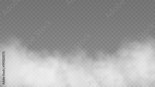 White fog texture isolated on transparent background. Steam special effect. Realistic vector fire smoke or mist	