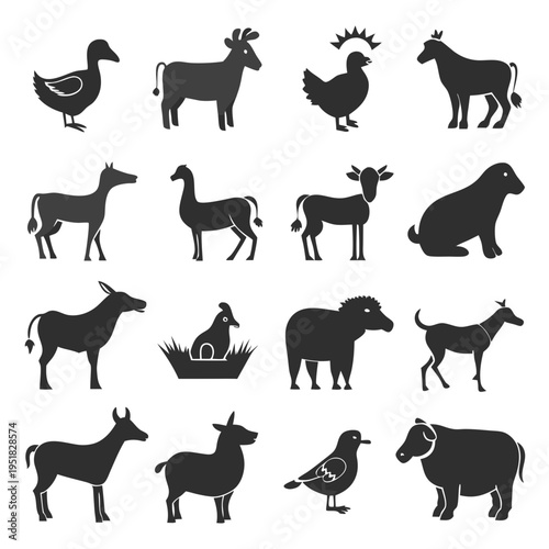 Collection of farm animal silhouettes on a white background