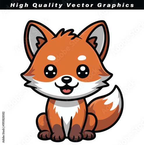 Cute, smiling baby fox with large, sparkling eyes and rich orange fur sits patiently, ready for use as a playful character in digital media or print projects.