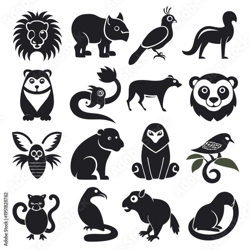 Black and white animal icons collection vector design template