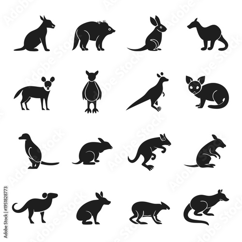 Black silhouette illustration of various Australian marsupials on white