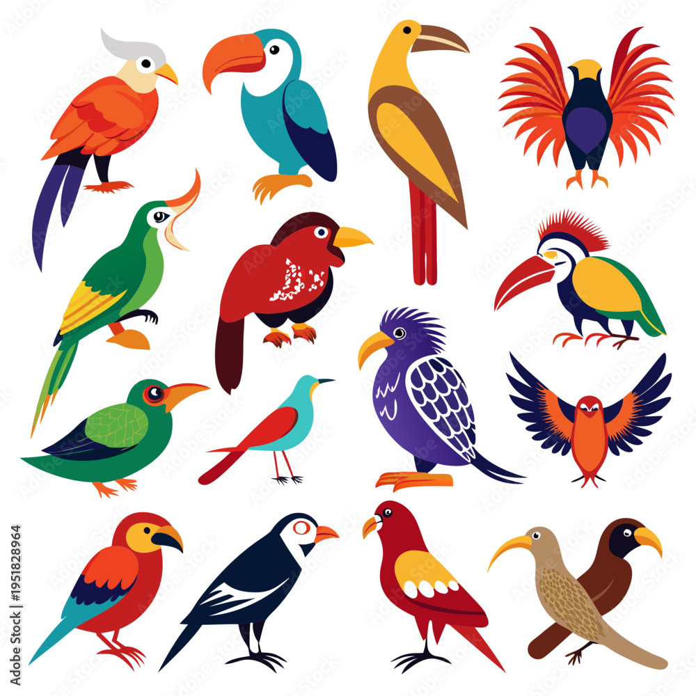Fototapeta premium Collection of Stylized Tropical Birds in Vibrant Colors