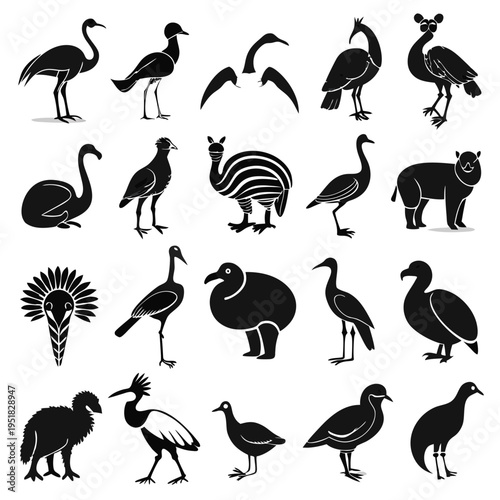 Stylized Collection of Silhouette Bird Illustrations on White Background