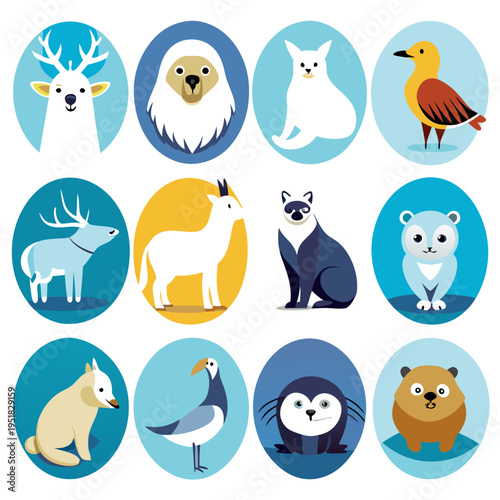 Collection of twelve flat design arctic animals in circles