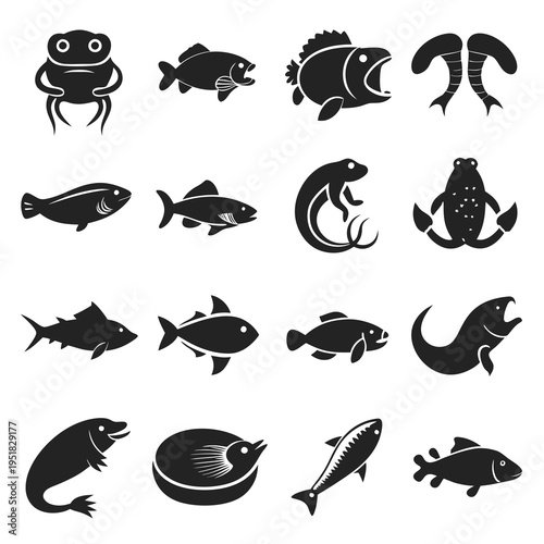 Silhouette aquatic animals vector icons for marine life illustration