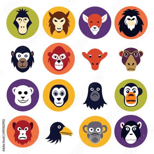 Cartoon Animal Head Icons Set in Colorful Flat Style