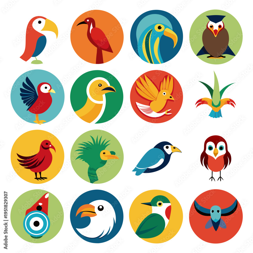 Fototapeta premium Collection of stylized bird icons set in colorful circles