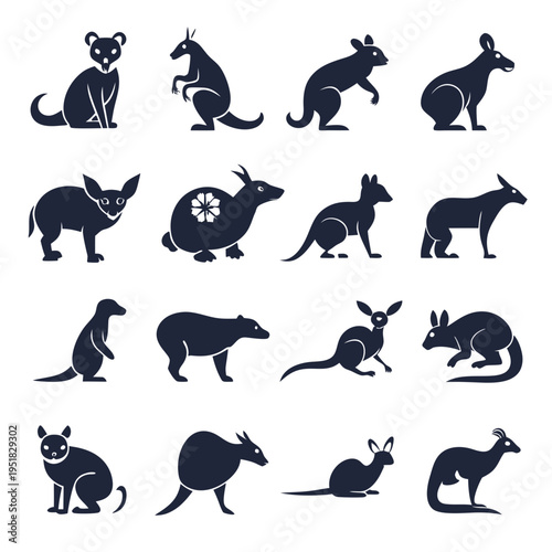 Silhouetted marsupial and mammal icons on a white background