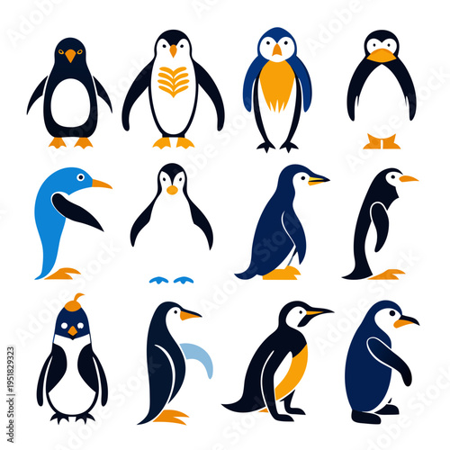 Twelve stylized penguins in various poses on white background