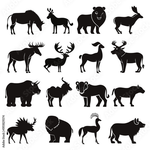 Silhouetted wildlife vector illustration featuring various animal species