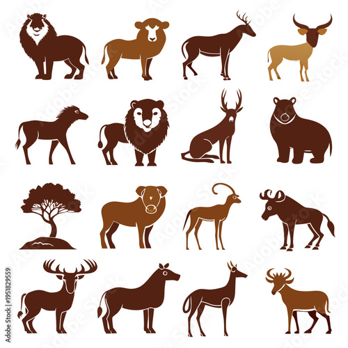 Diverse African animal collection illustration set on plain background