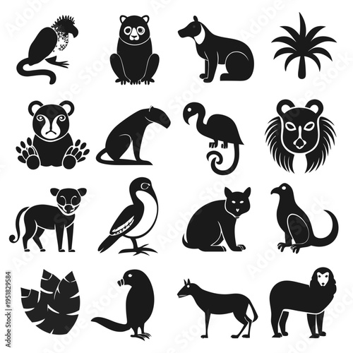 Monochrome animal icons set arranged in a square format