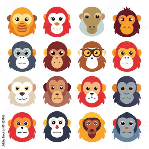 Collection of sixteen diverse flat design monkey head icons