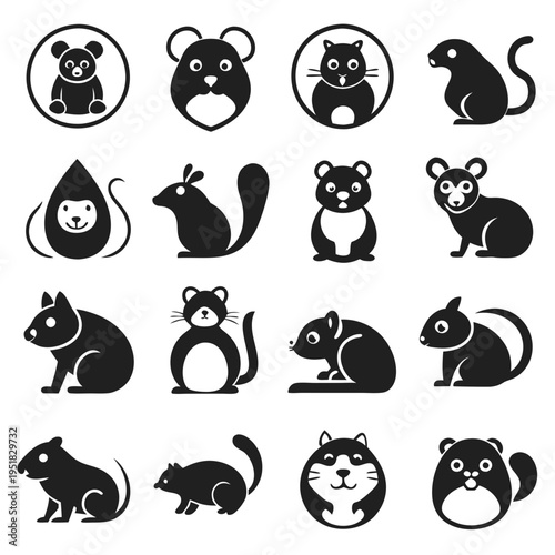 Variety of black animal icons on white background