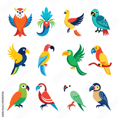 Twelve unique, stylized birds showcasing diversity on a white backdrop