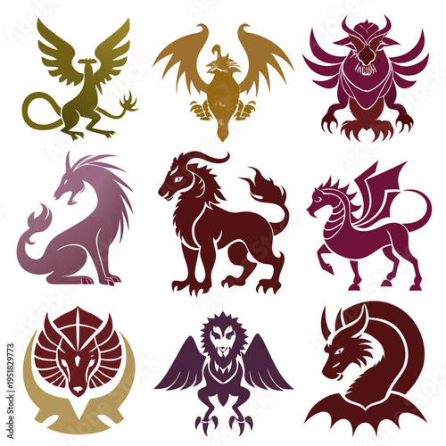 Nine vector illustrations of mythological creatures and fantasy beasts