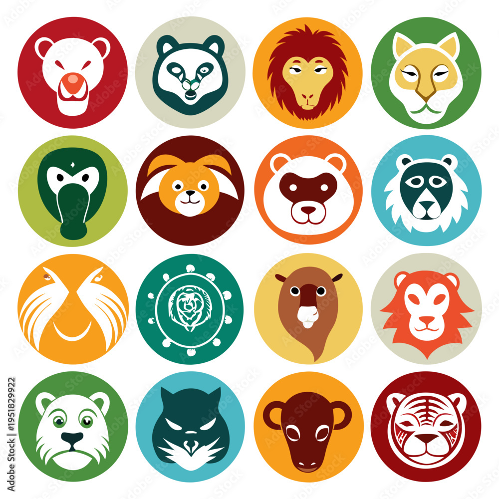 Naklejka premium Collection of Flat Animal Face Icons in Colored Circles