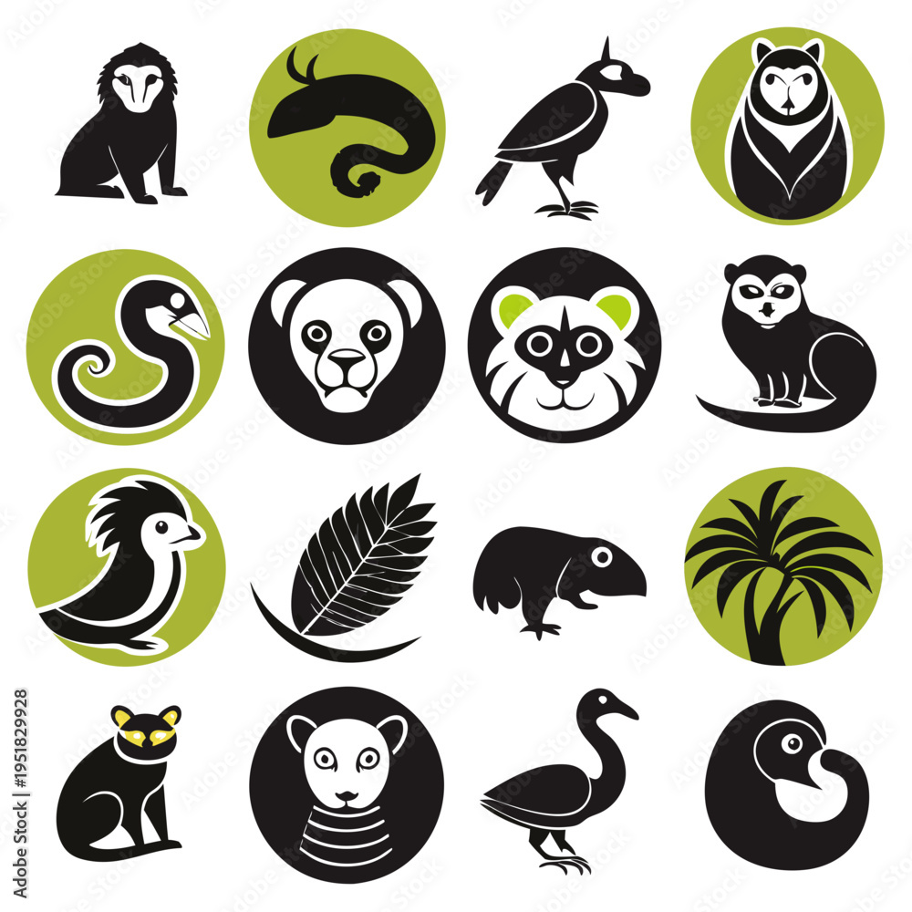 Obraz premium Collection of animal and plant icons in graphic style