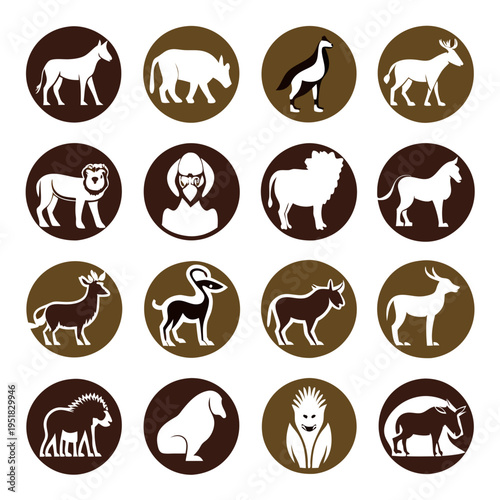 Animal icons collection with brown background and white silhouttes