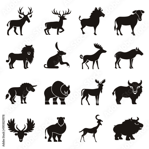 Silhouetted wildlife animal icons set in black on white