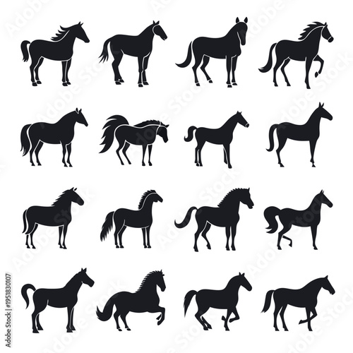 Collection of horse silhouettes in various poses on white background
