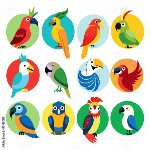 Colorful Array of Tropical Parrots on White Background