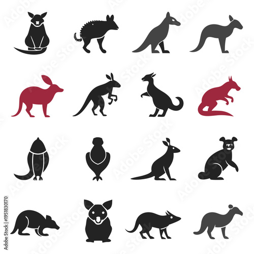 Australian Marsupial Animal Silhouette Icons Set Illustration Isolated