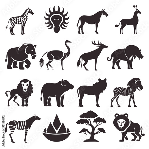 Silhouette collection of african animals and nature elements