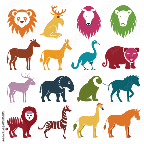 Colorful Flat Design Animal Icons Against White Background