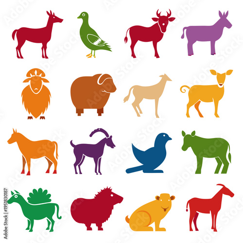 Colorful icon set depicting diverse farm and wild animals