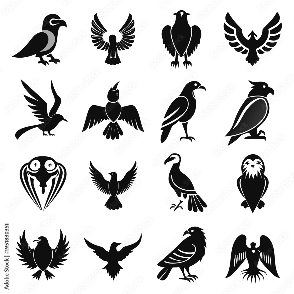 Obraz premium Collection of stylized bird icons in black and white