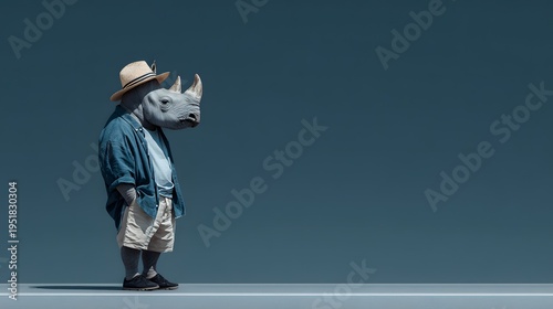 Anthropomorphic rhino wearing straw hat and blue shirt standing