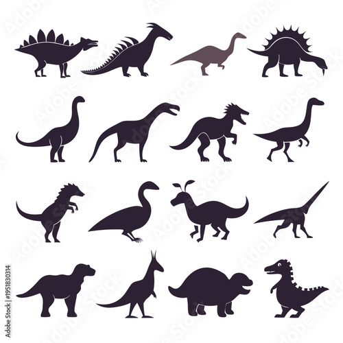 Silhouetted dinosaurs collection vector illustration isolated on white background