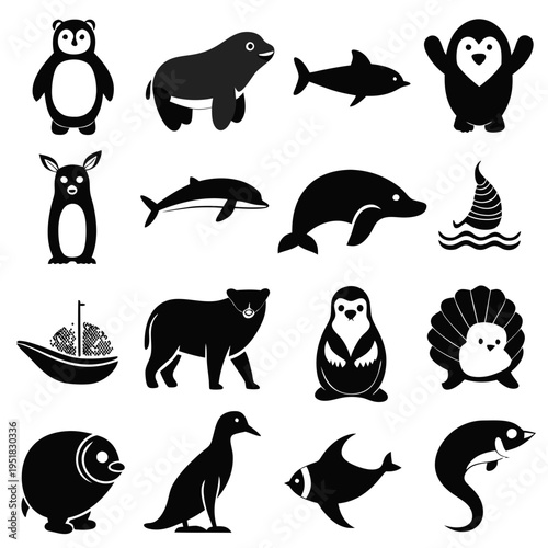 Black and white animal icons collection on white background