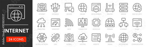 Internet line icon set. Editable Stroke. Online, network, router, website, computer, server, web, wi-fi - stock vector.