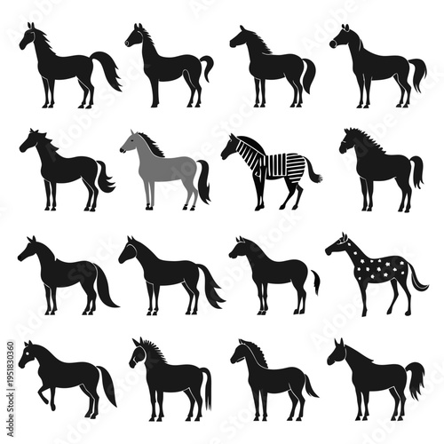 Assorted black and grey horse silhouettes collection isolated on white