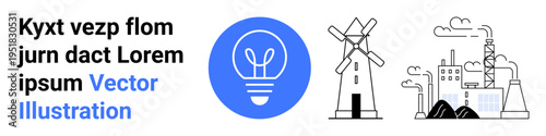 Renewable energy, sustainable industry, clean power, innovation, eco-friendly production, technology. Blue light bulb icon, windmill factory outline. Renewable energy and clean power concept