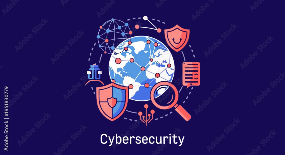 Obraz premium Cybersecurity concept with globe and icons.