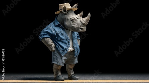 Cool anthropomorphic rhino wearing straw hat and denim summer outfit