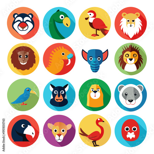 Flat design animal heads in colorful circular icons
