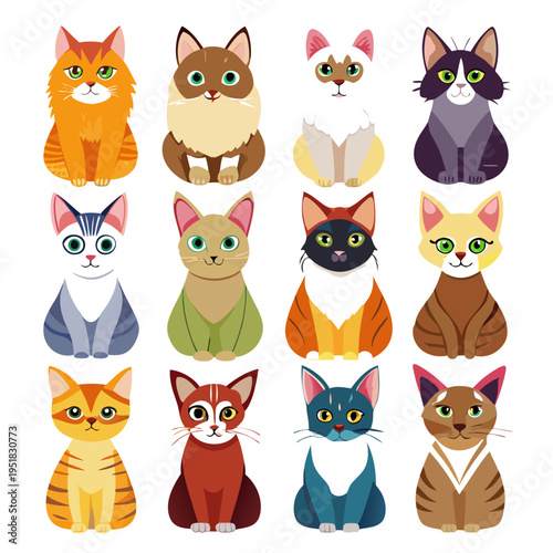 Diverse cartoon cat breeds set isolated on white background