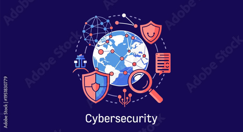 Cybersecurity concept with globe and icons.